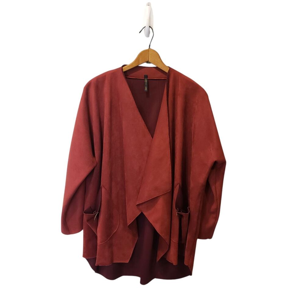 IC By Connie K Red Microfiber Faux Suede Open Jacket Large Lagenlook Artsy